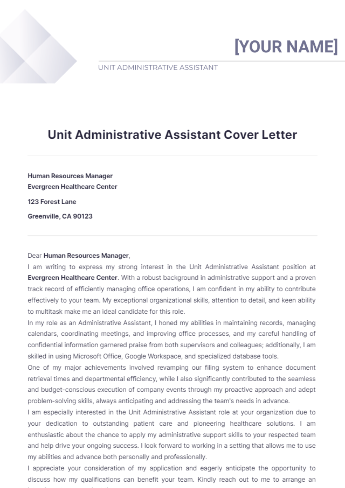 Unit Administrative Assistant Cover Letter - Edit Online & Download