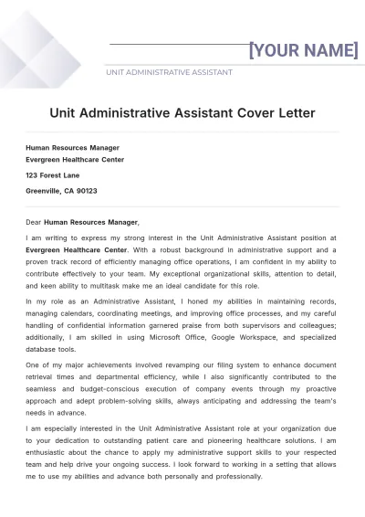Free Unit Administrative Assistant Cover Letter to Edit Online