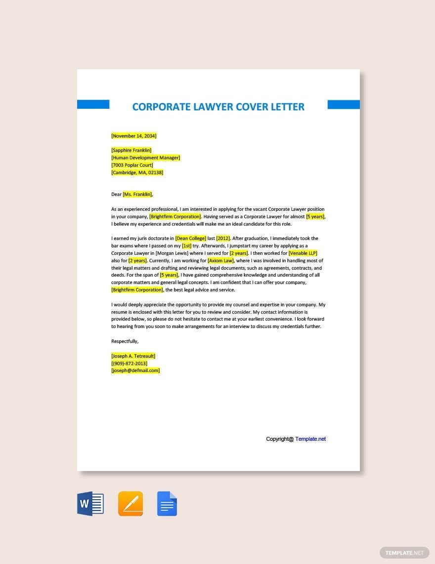 Corporate Lawyer Cover Letter Template