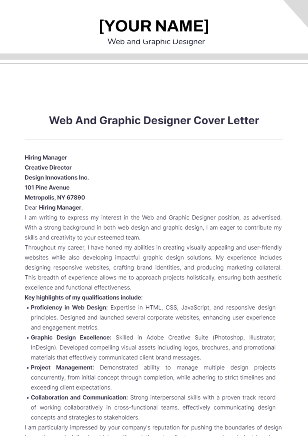 Web And Graphic Designer Cover Letter - Edit Online & Download