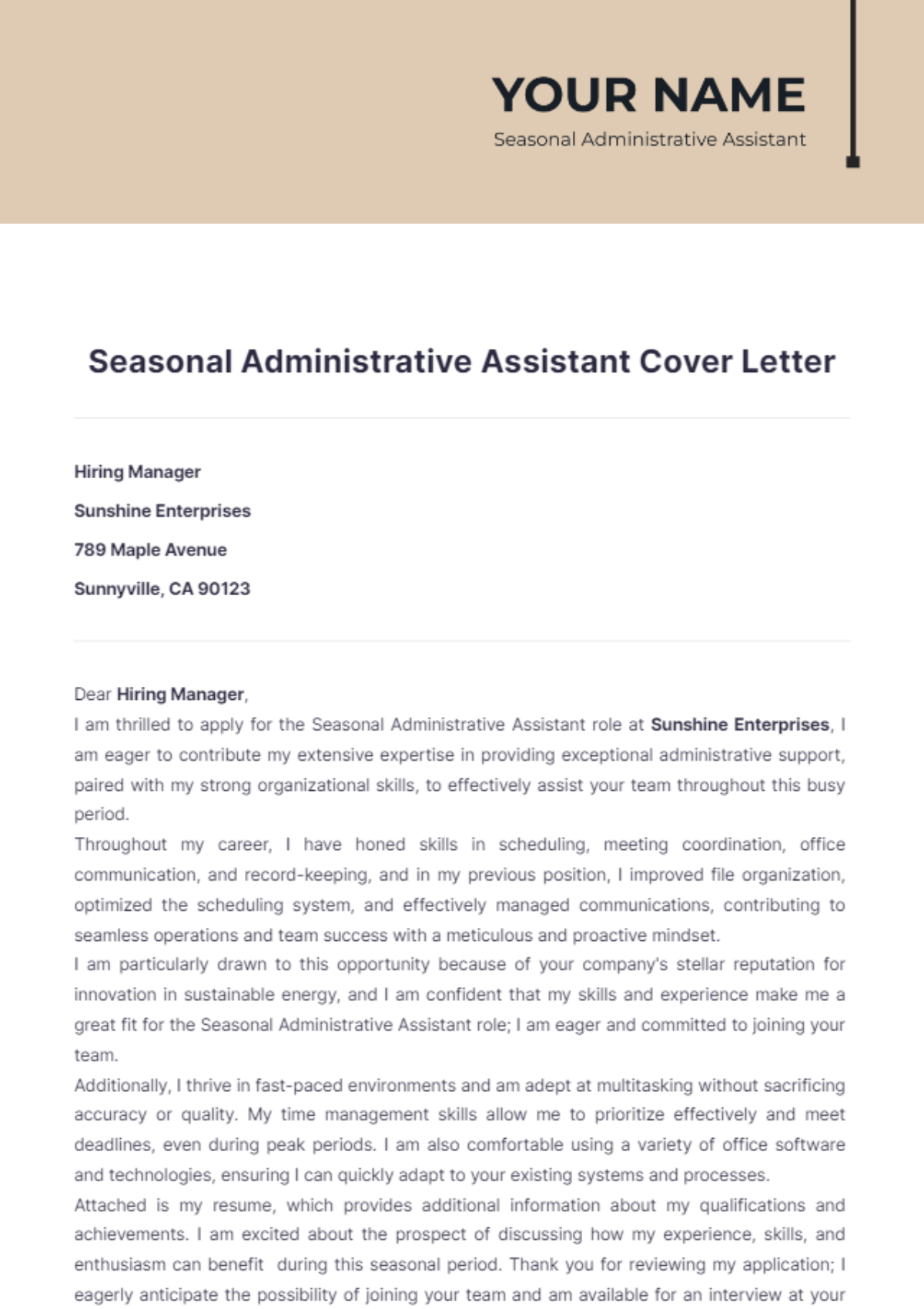 Seasonal Administrative Assistant Cover Letter - Edit Online & Download