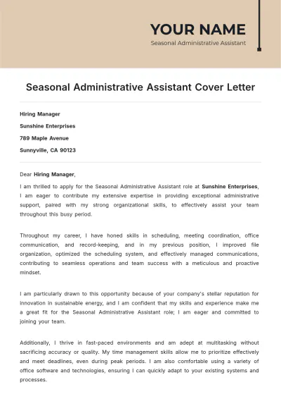 Free Seasonal Administrative Assistant Cover Letter to Edit Online