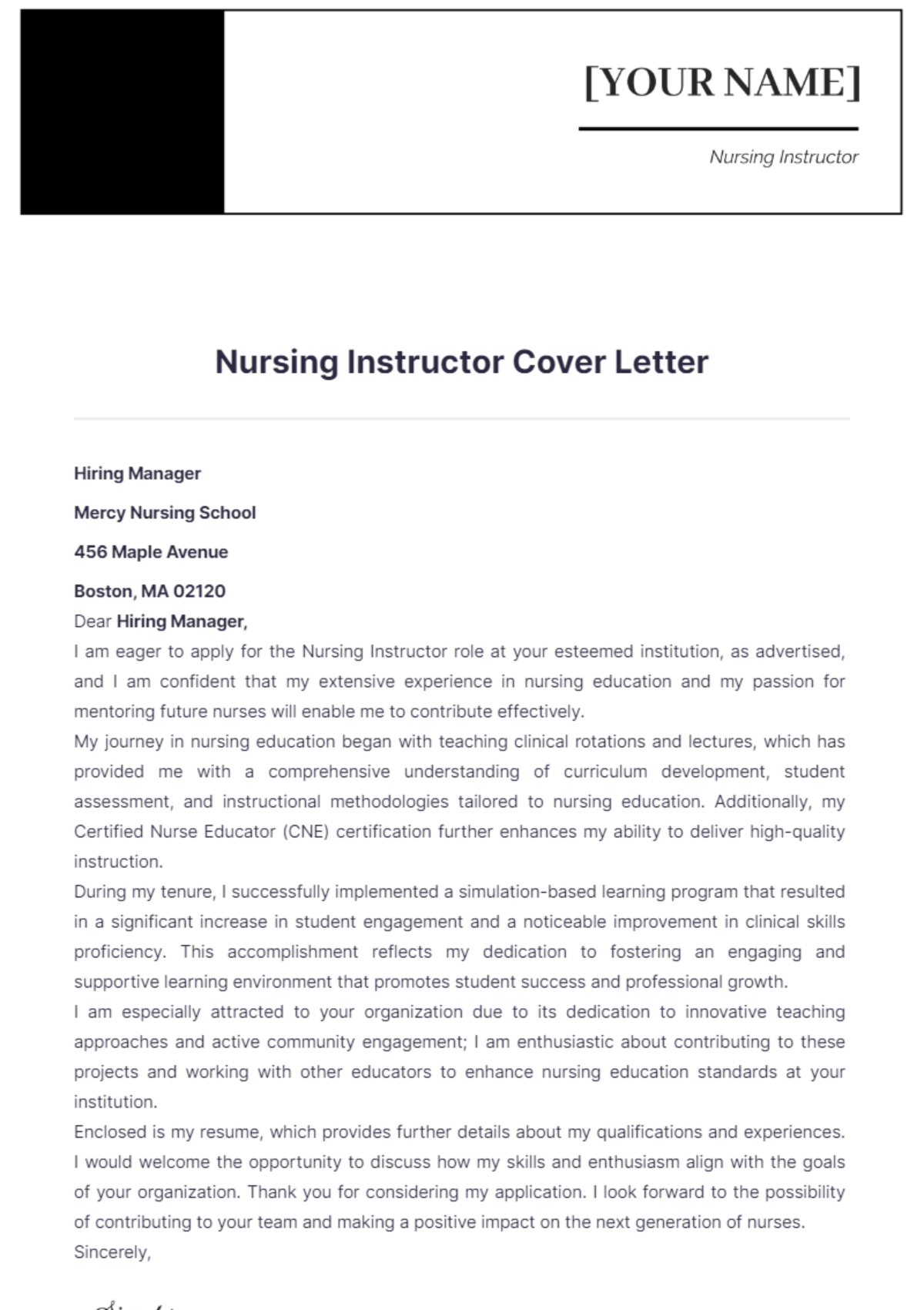 Nursing Instructor Cover Letter - Edit Online & Download