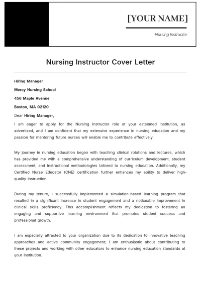Free Nursing Instructor Cover Letter to Edit Online