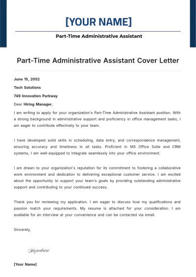 Free Part-Time Administrative Assistant Cover Letter to Edit Online