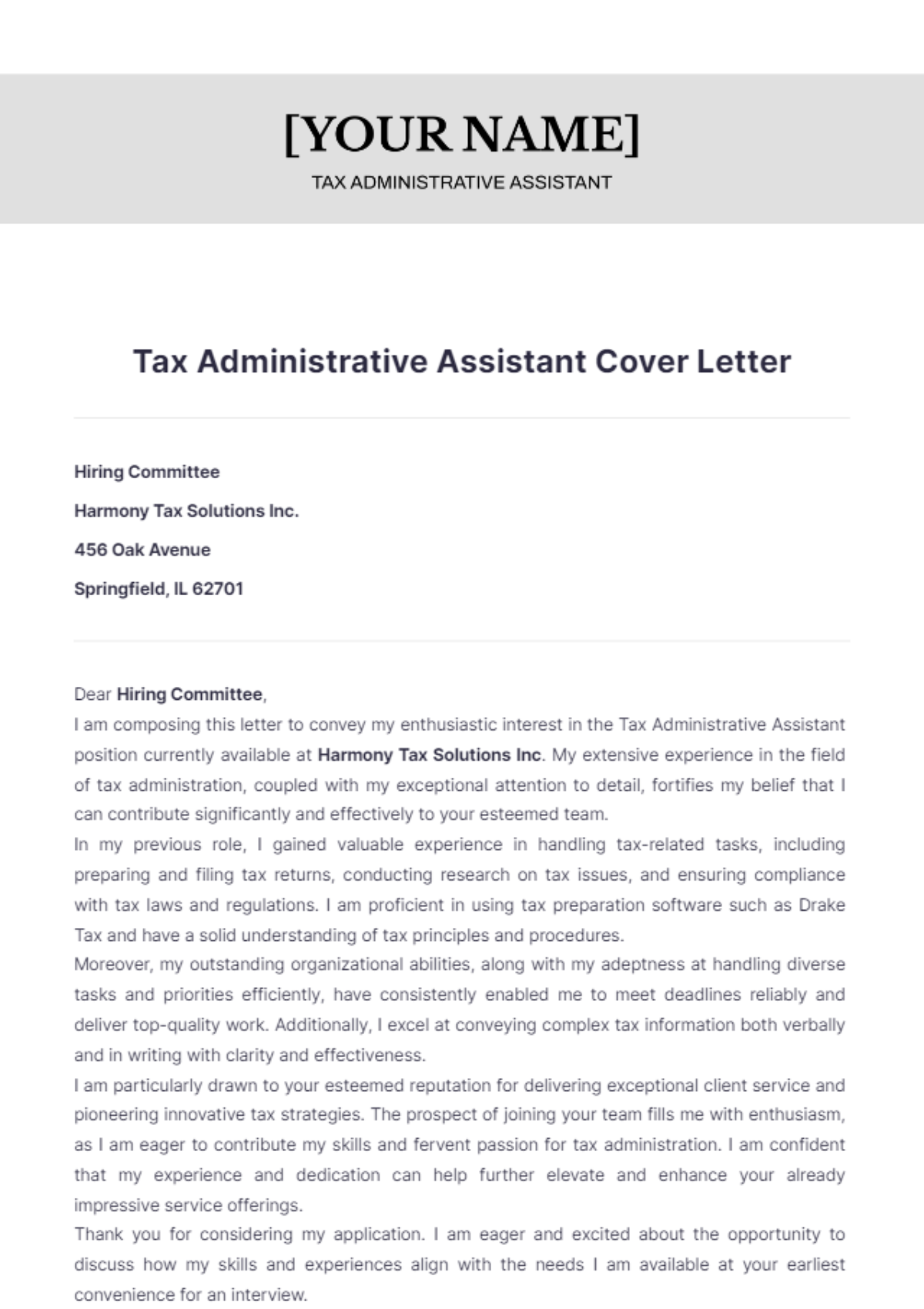 Tax Administrative Assistant Cover Letter - Edit Online & Download