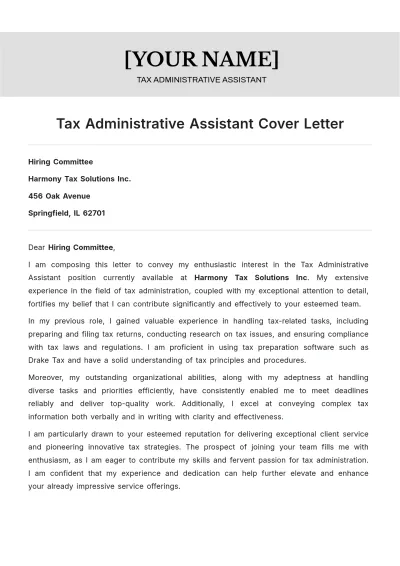 Free Tax Administrative Assistant Cover Letter to Edit Online