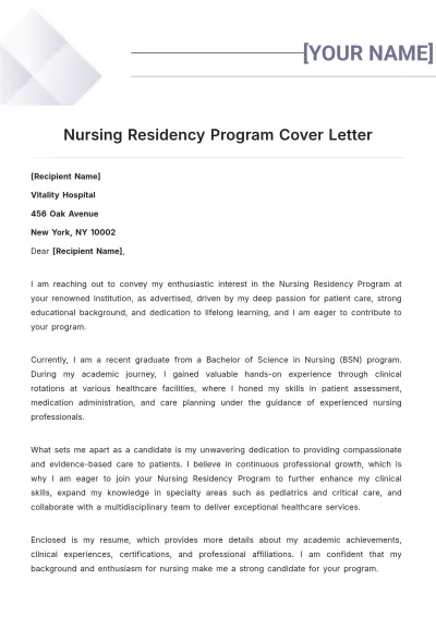 Free Nursing Residency Program Cover Letter to Edit Online