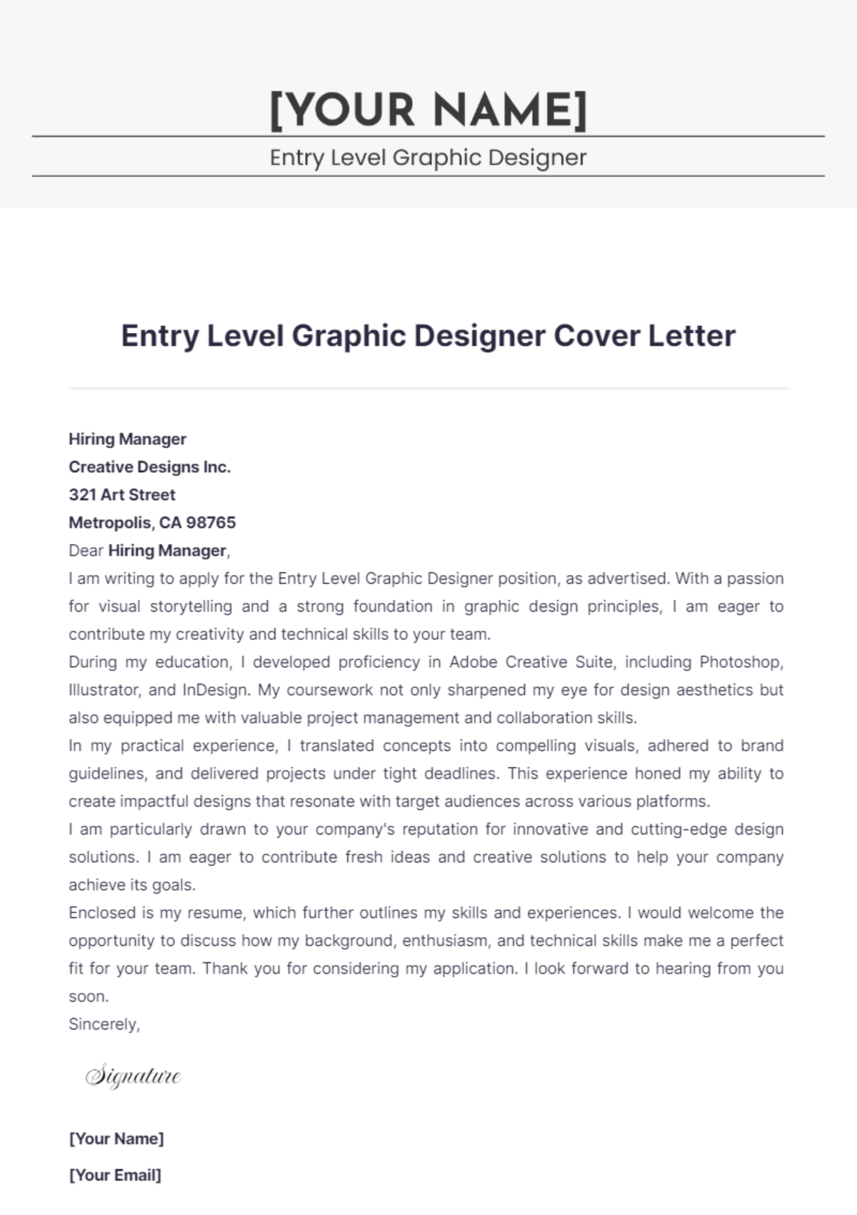 Entry Level Graphic Designer Cover Letter - Edit Online & Download