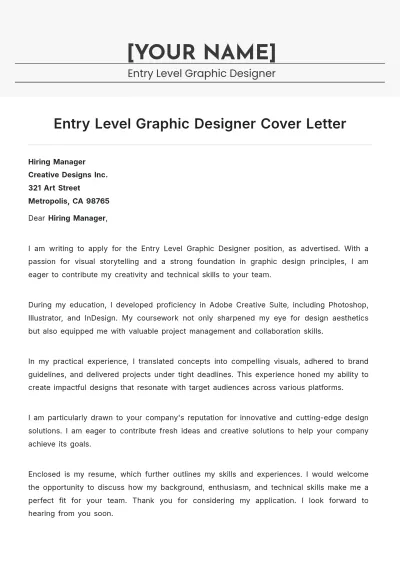Free Entry Level Graphic Designer Cover Letter to Edit Online