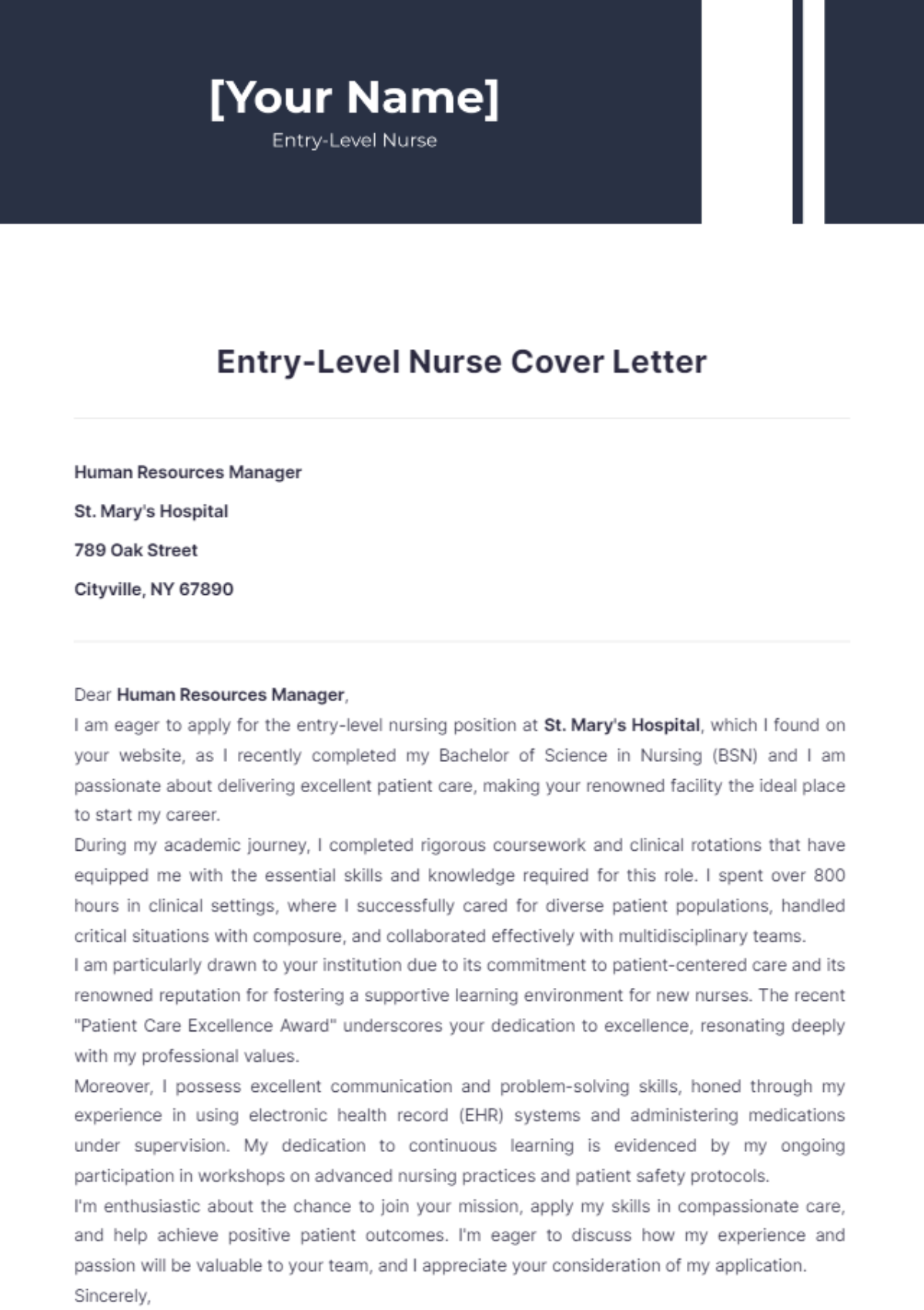 Entry Level Nurse Cover Letter - Edit Online & Download