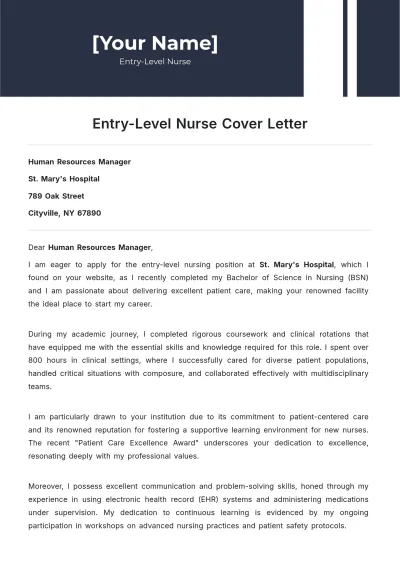 Free Entry Level Nurse Cover Letter to Edit Online