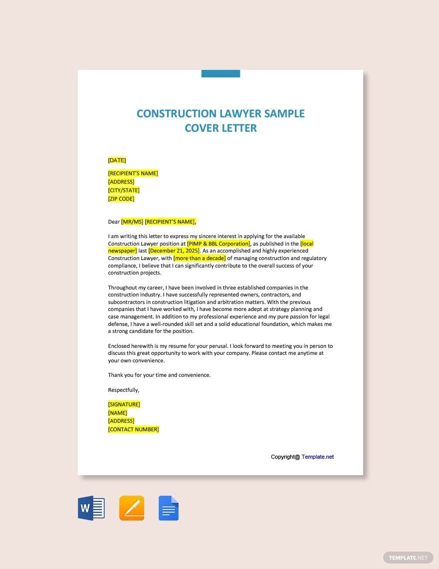 Construction Lawyer Sample Cover Letter Template