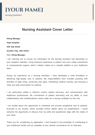 Free Nursing Assistant Cover Letter to Edit Online