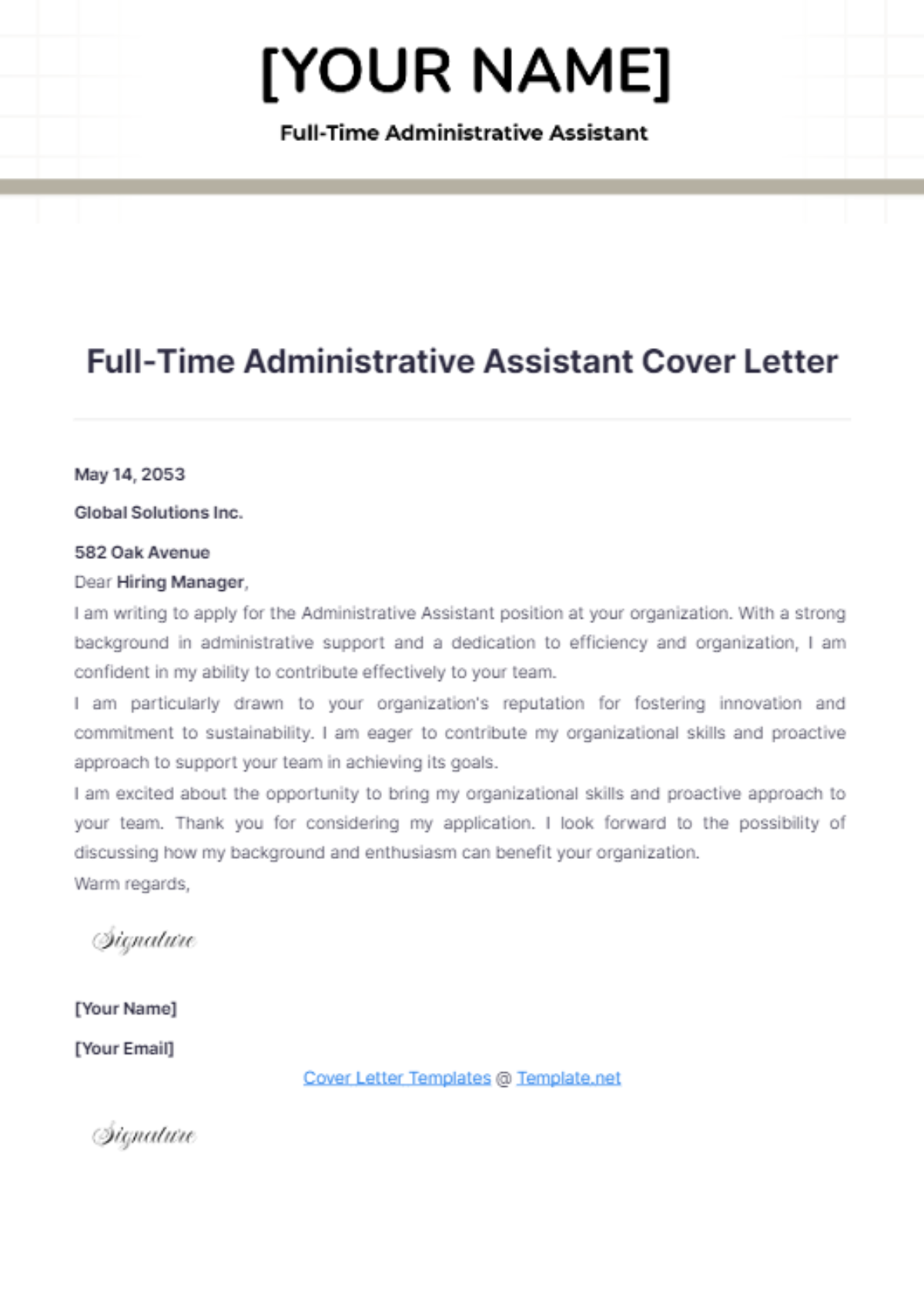 Full-Time Administrative Assistant Cover Letter - Edit Online & Download