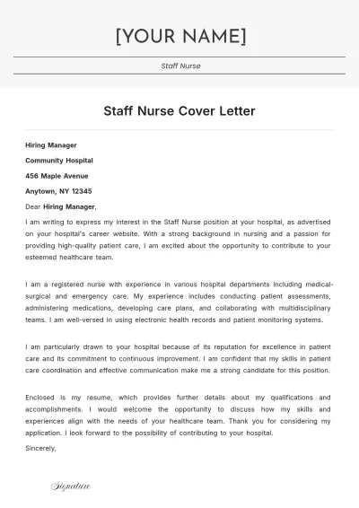 Free Staff Nurse Cover Letter to Edit Online