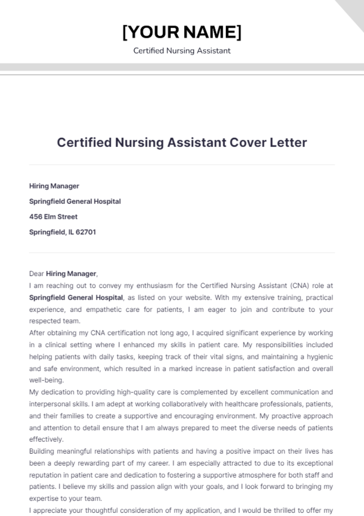 Certified Nursing Assistant Cover Letter - Edit Online & Download