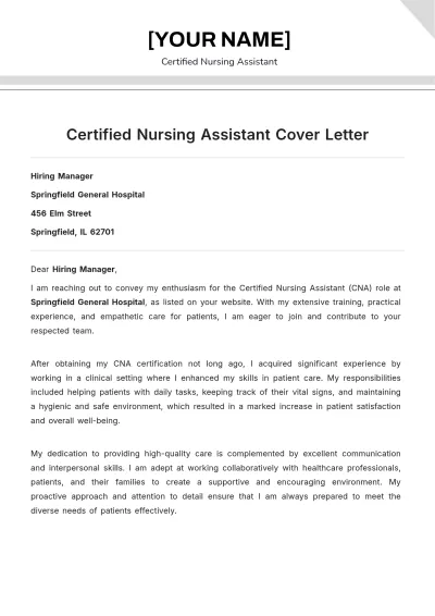 Free Certified Nursing Assistant Cover Letter to Edit Online