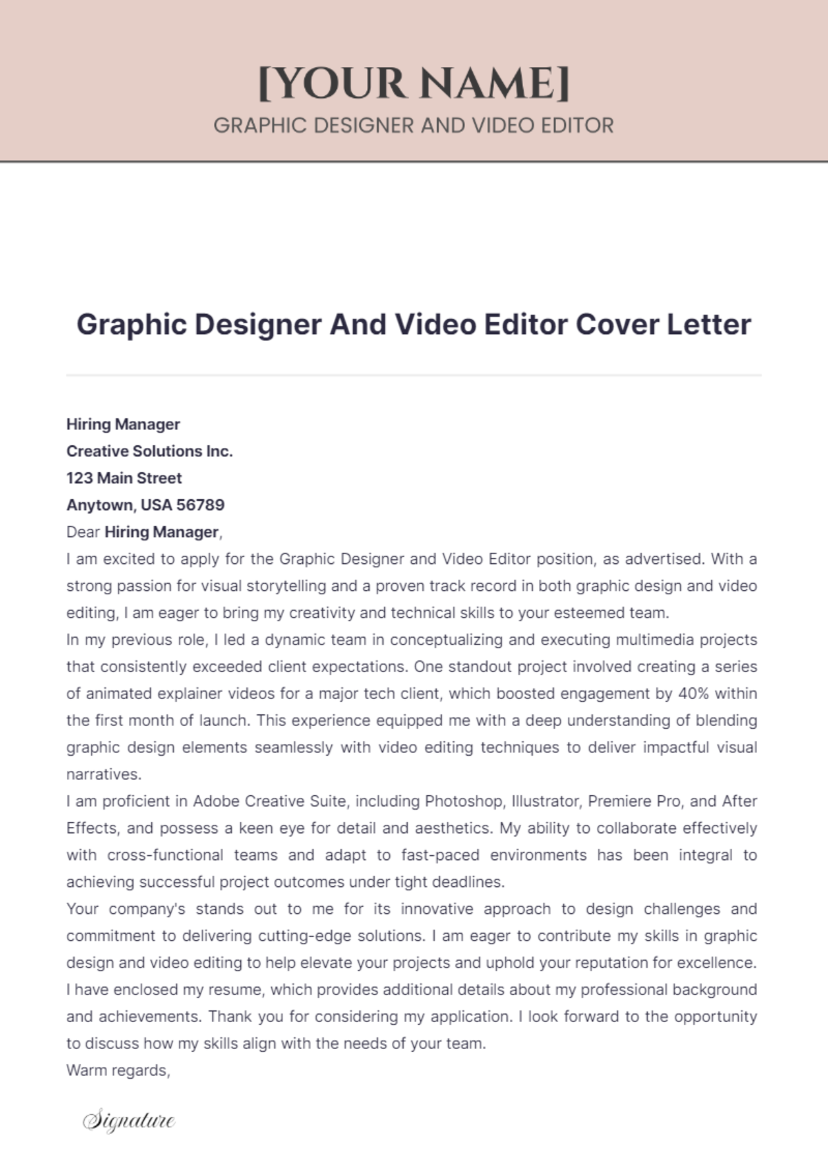 Graphic Designer And Video Editor Cover Letter - Edit Online & Download