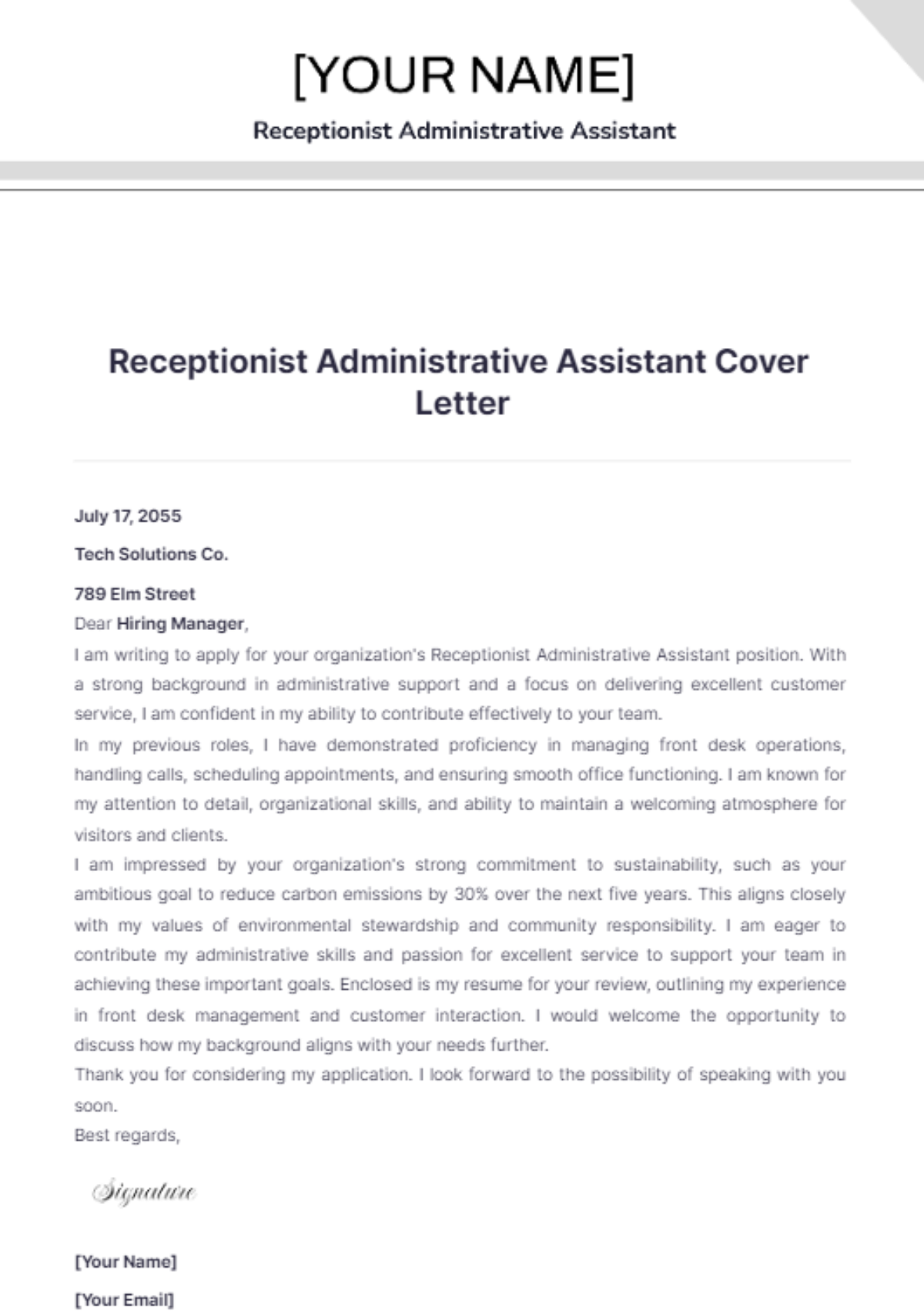 Receptionist Administrative Assistant Cover Letter - Edit Online & Download