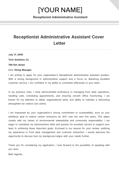 Free Receptionist Administrative Assistant Cover Letter to Edit Online