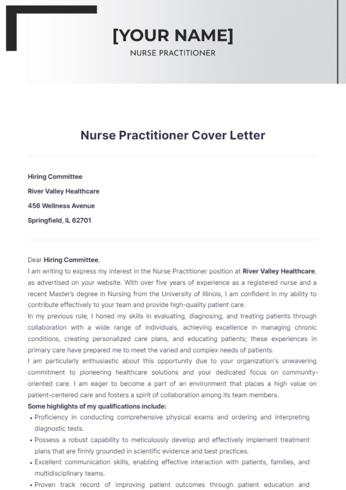 Nurse Practitioner Cover Letter - Edit Online & Download