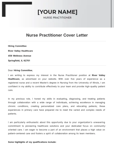 Free Nurse Practitioner Cover Letter to Edit Online