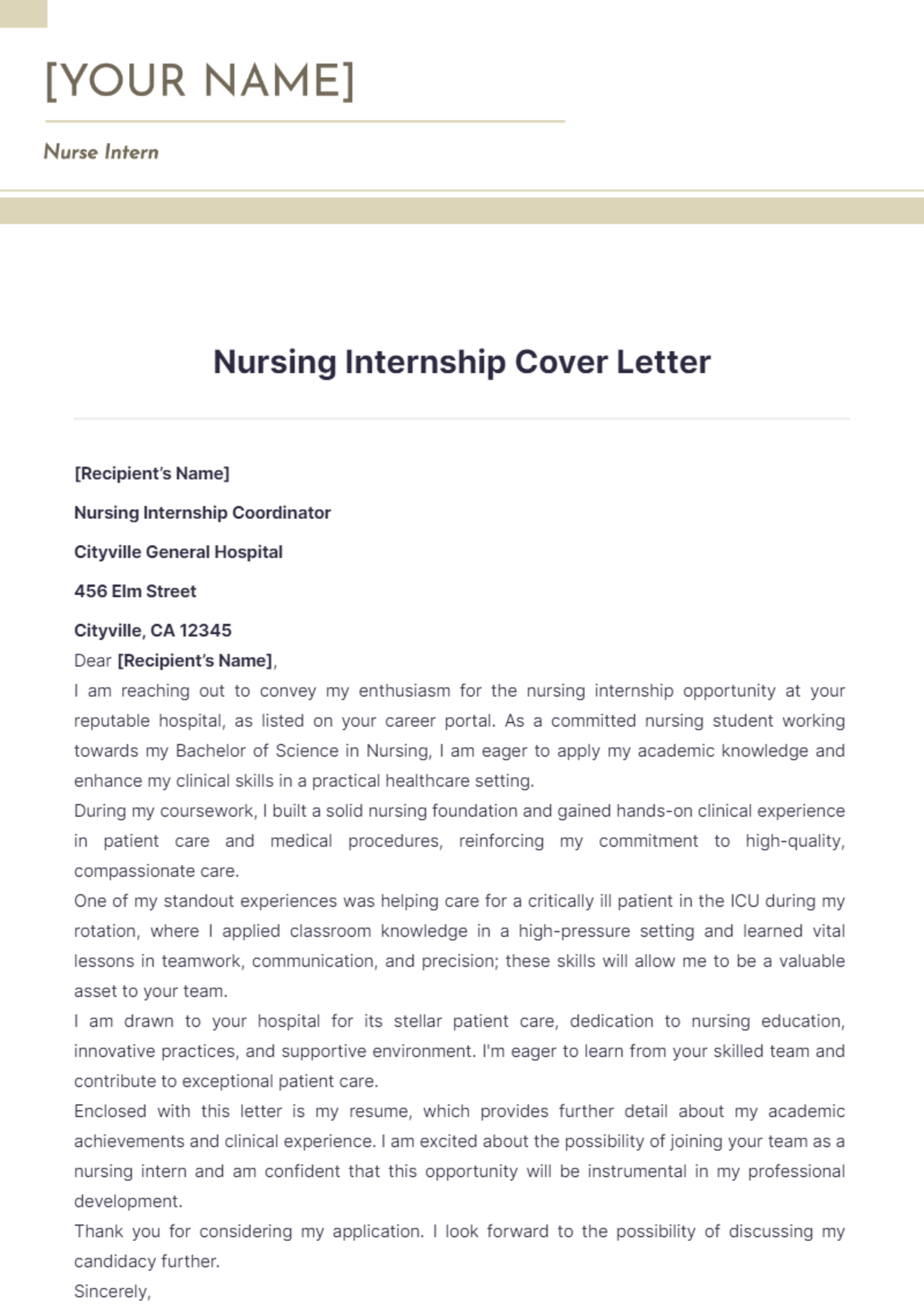 Nursing Internship Cover Letter - Edit Online & Download