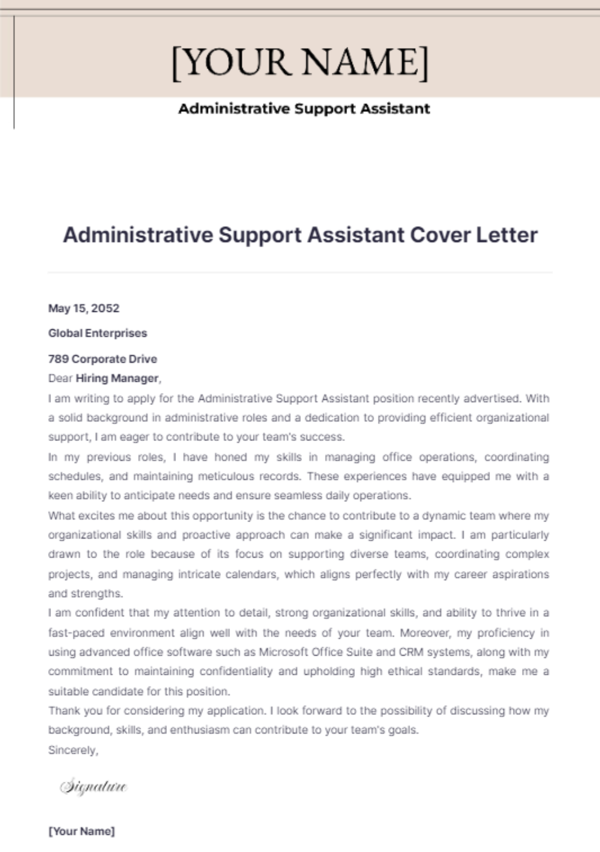 Administrative Support Assistant Cover Letter - Edit Online & Download