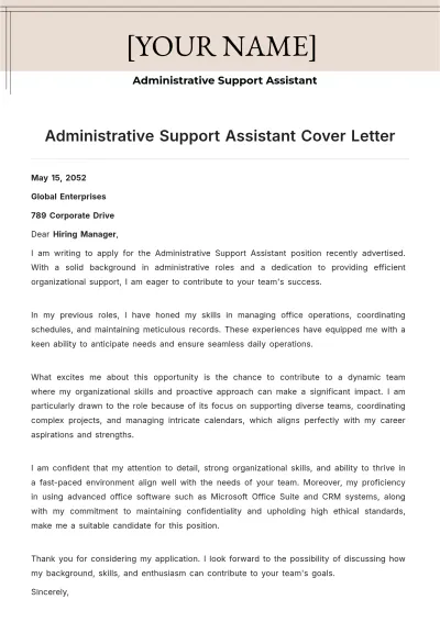 Free Administrative Support Assistant Cover Letter to Edit Online