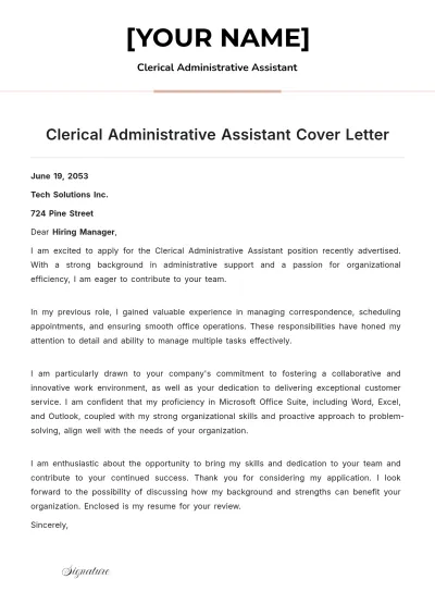 Free Clerical Administrative Assistant Cover Letter to Edit Online