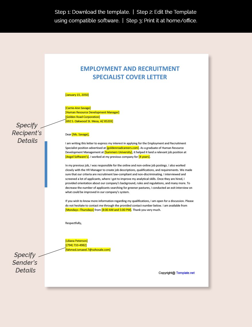 sample cover letter for recruitment specialist