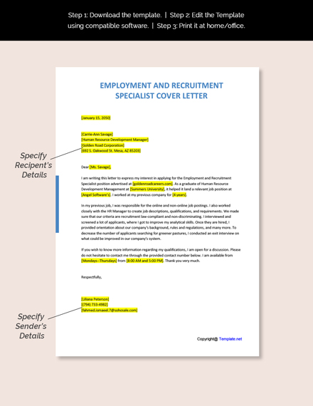 Employment and Recruitment Specialist Cover Letter Template