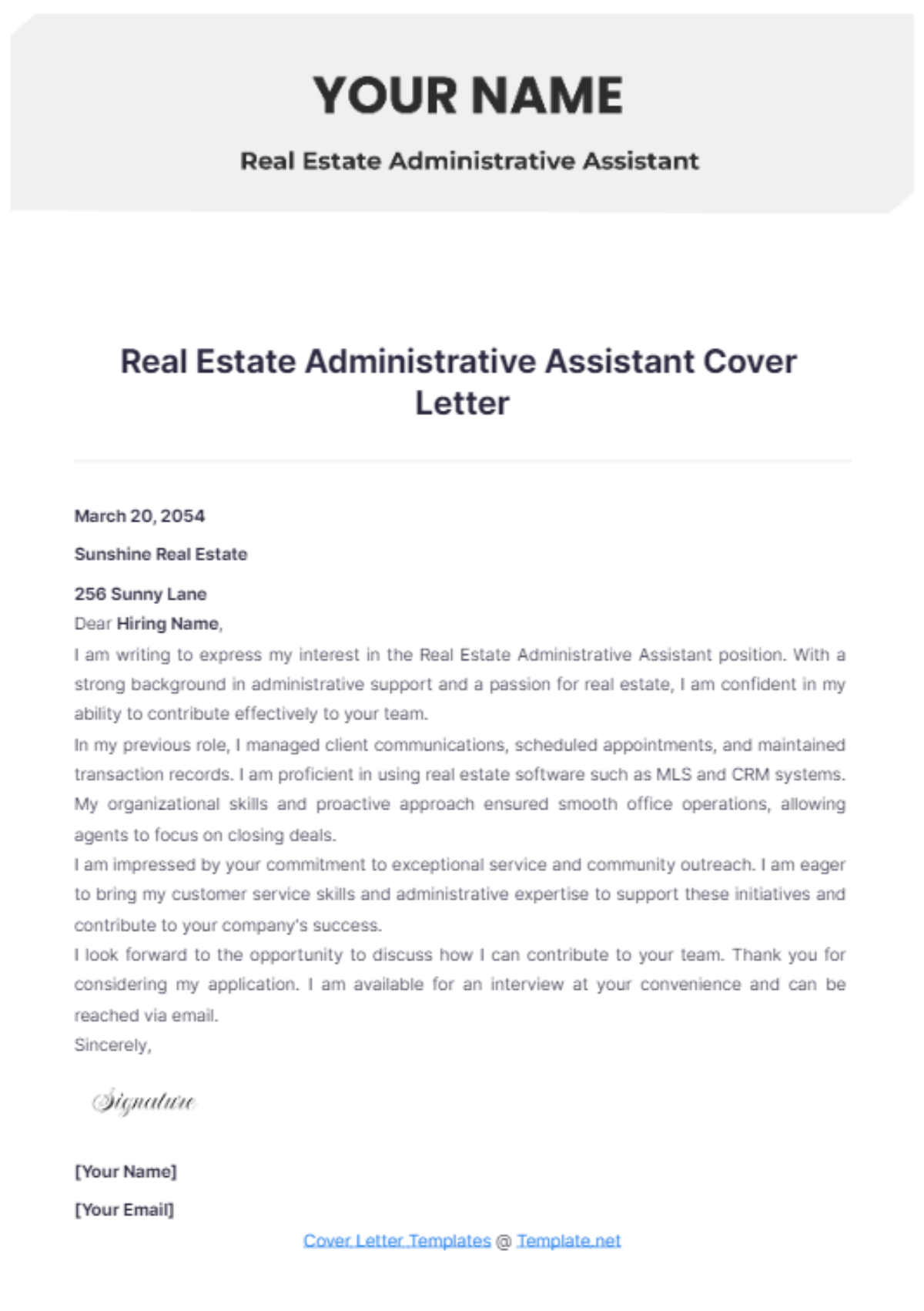 Real Estate Administrative Assistant Cover Letter - Edit Online & Download