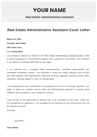 Free Real Estate Administrative Assistant Cover Letter to Edit Online
