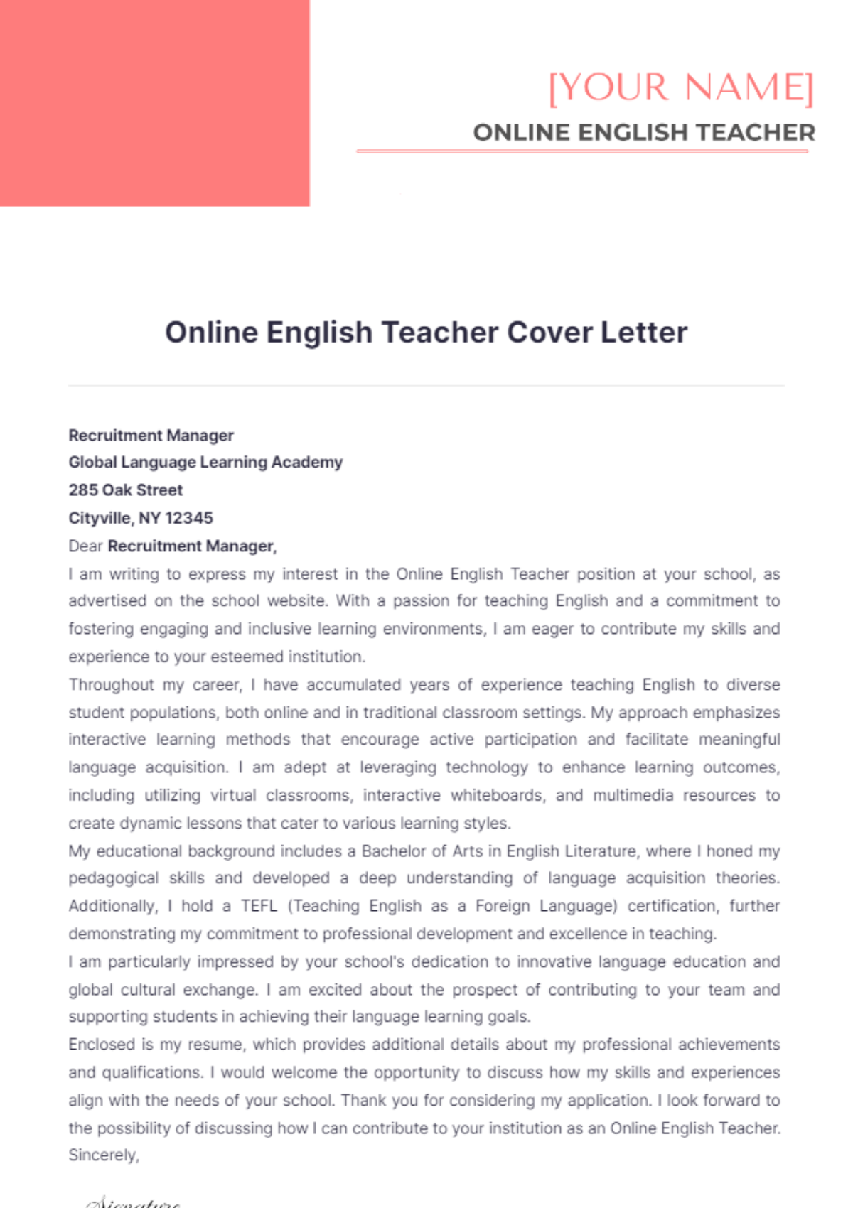 Online English Teacher Cover Letter - Edit Online & Download