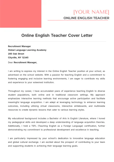 Free Online English Teacher Cover Letter to Edit Online