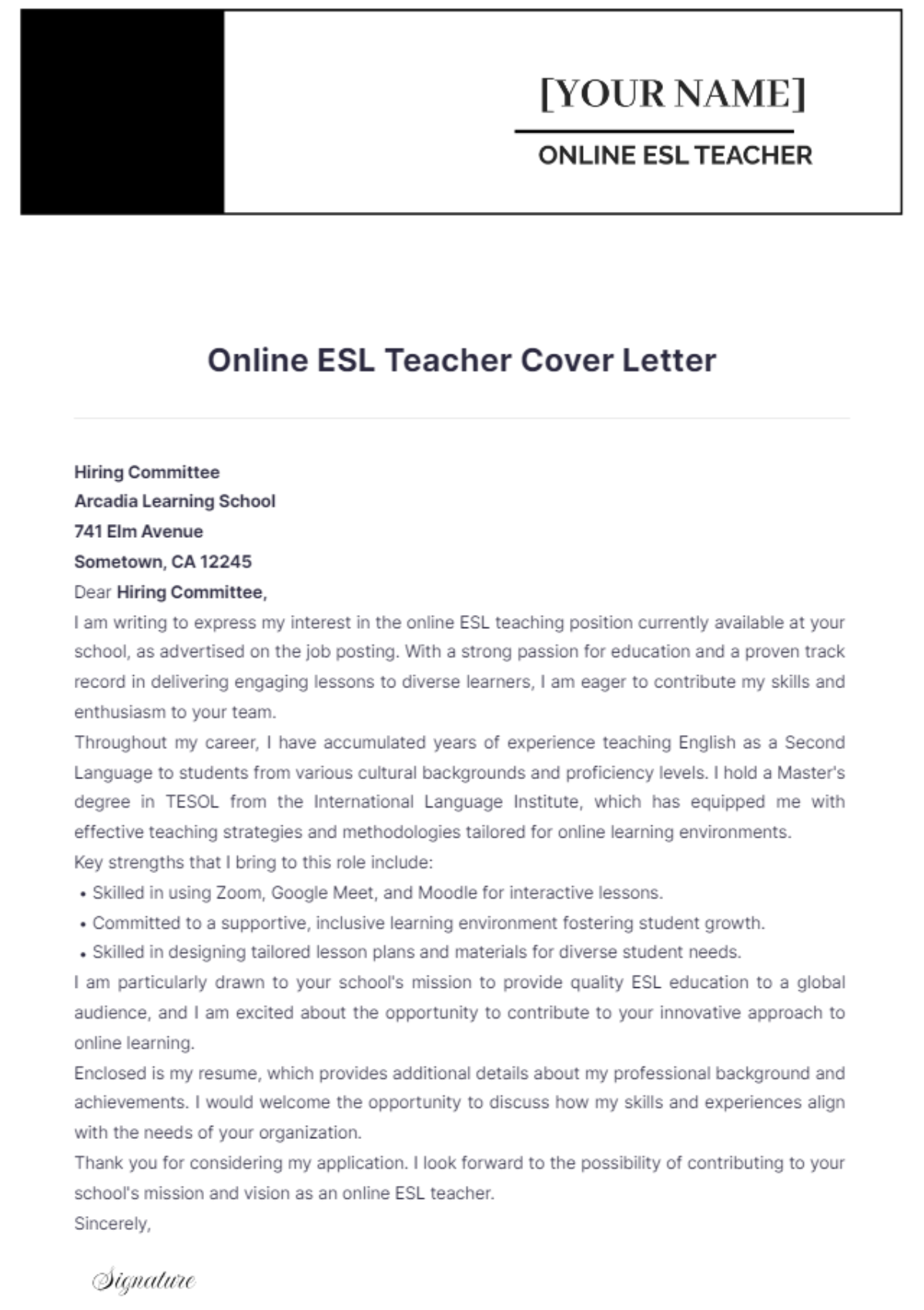 Online ESL Teacher Cover Letter - Edit Online & Download