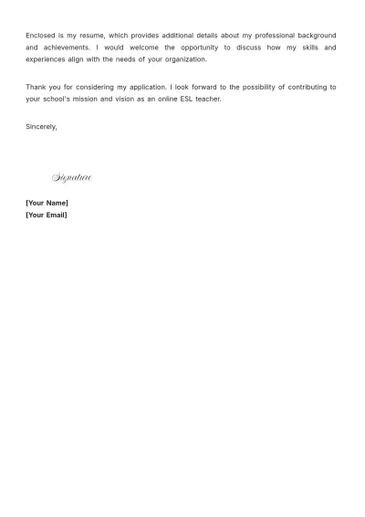 Free Online ESL Teacher Cover Letter to Edit Online