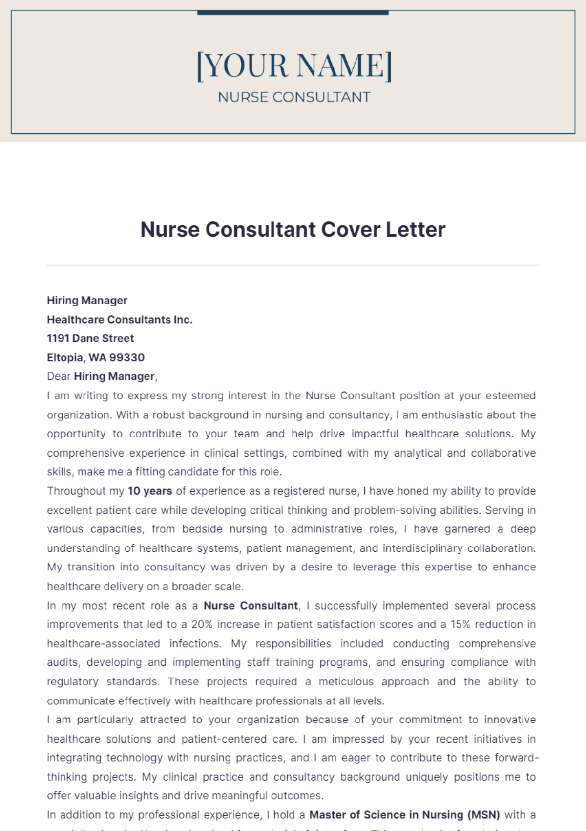 Nurse Consultant Cover Letter - Edit Online & Download