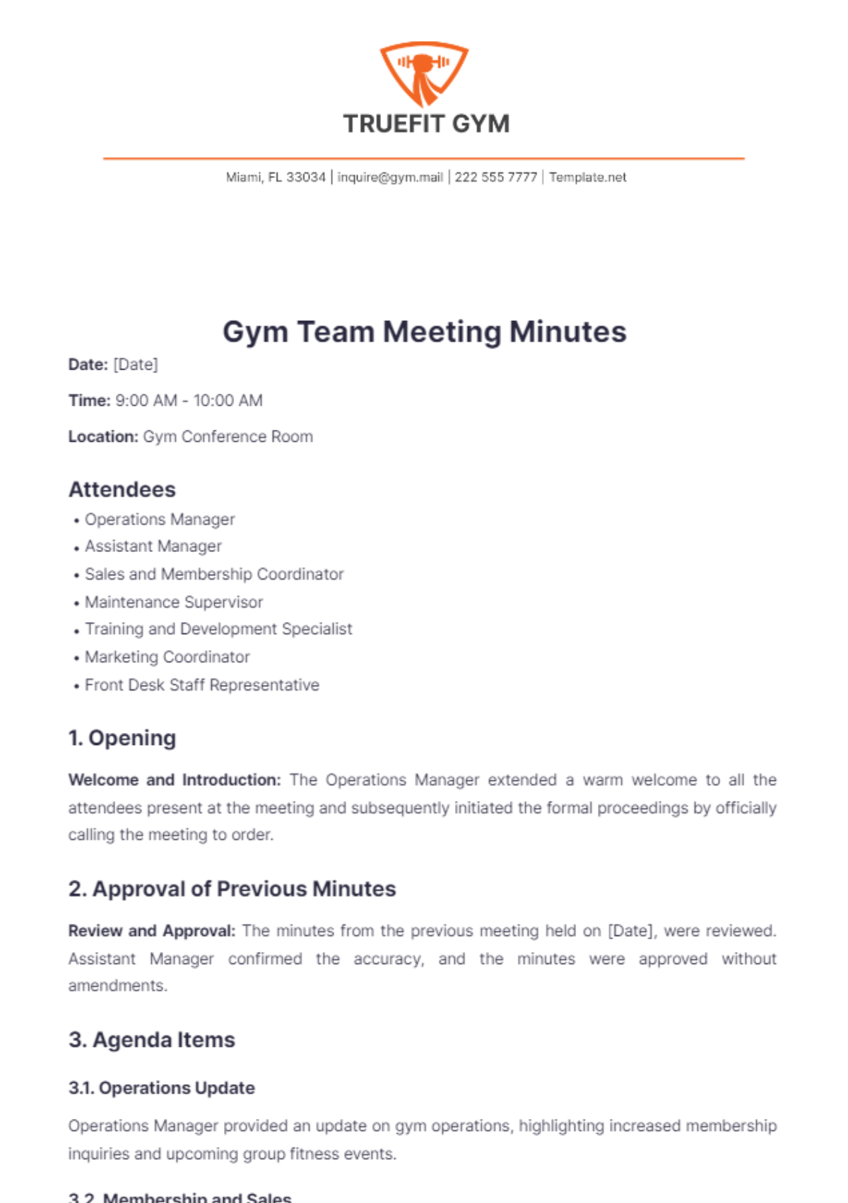 Gym Team Meeting Minutes Template - Edit Online & Download