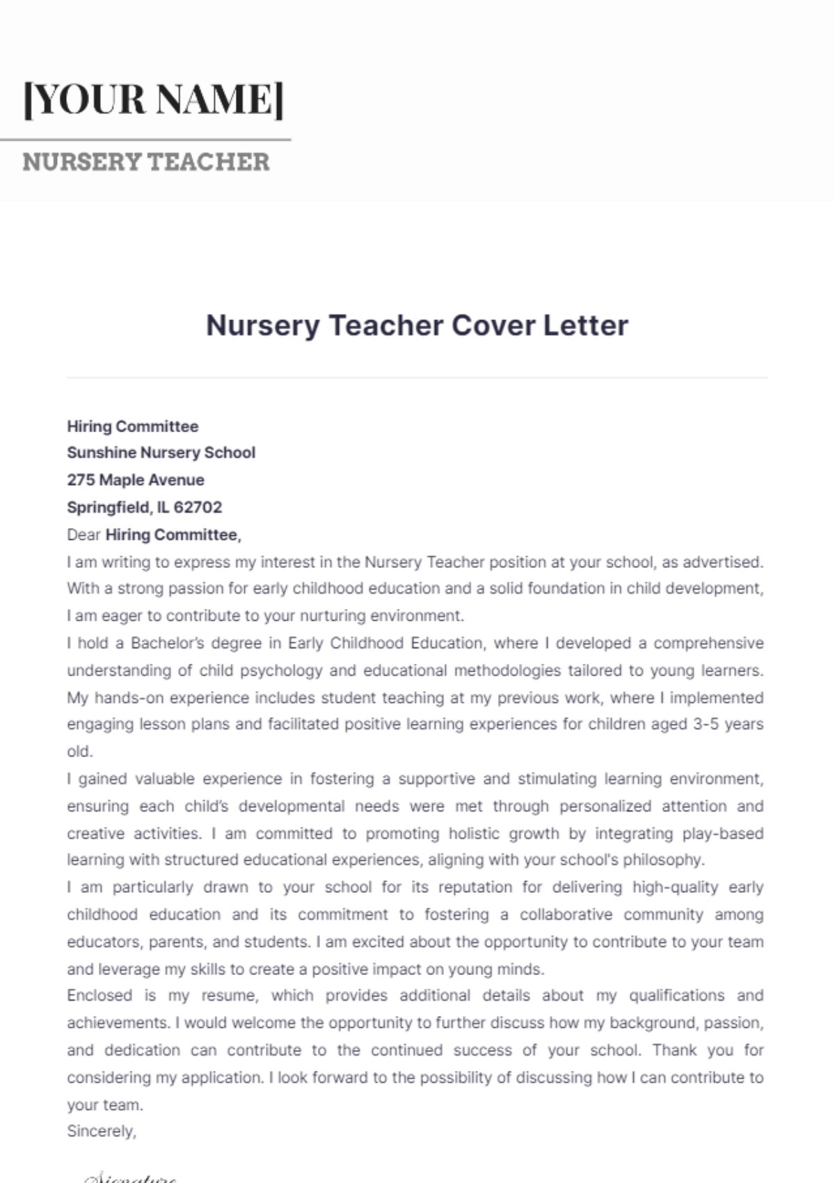 Nursery Teacher Cover Letter - Edit Online & Download