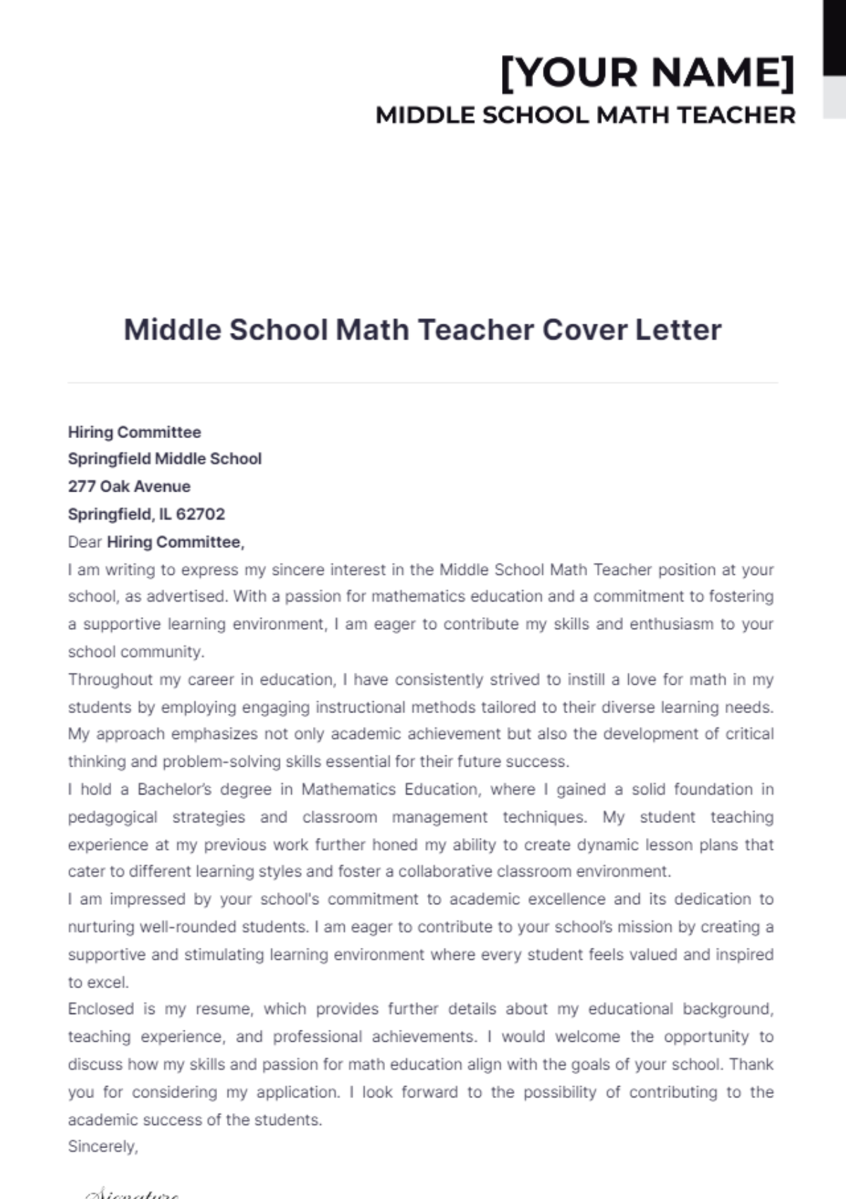 Middle School Math Teacher Cover Letter - Edit Online & Download