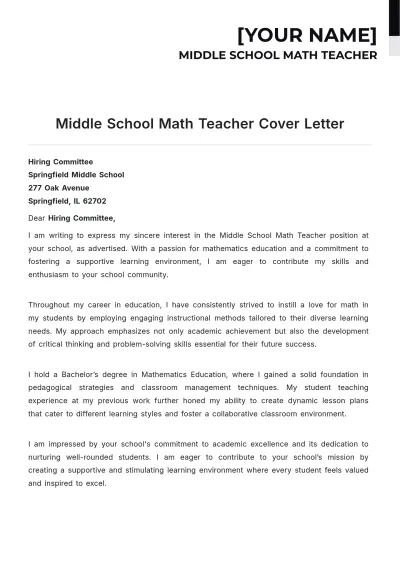 Free Middle School Math Teacher Cover Letter to Edit Online