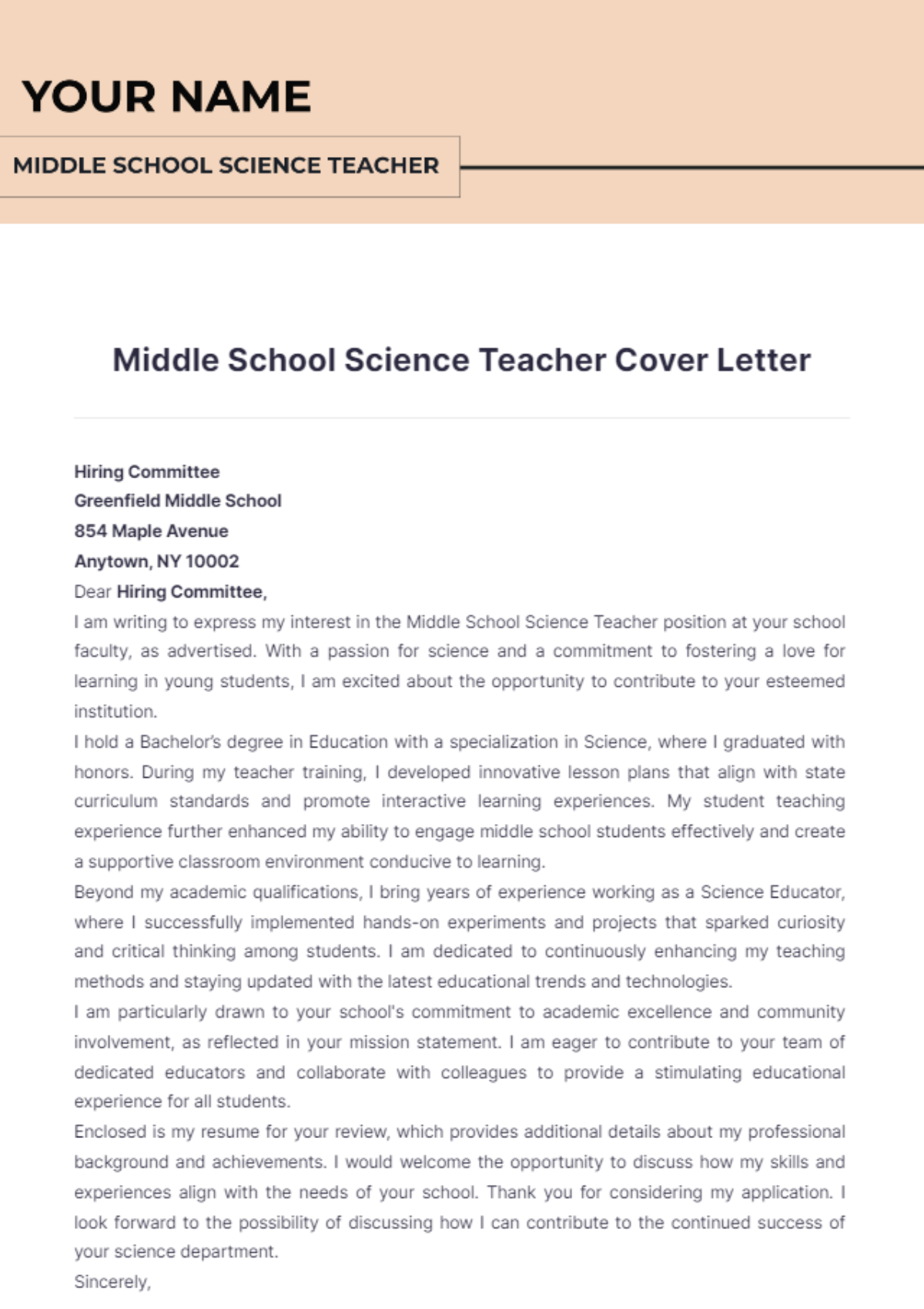 Middle School Science Teacher Cover Letter - Edit Online & Download