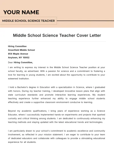 Free Middle School Science Teacher Cover Letter to Edit Online