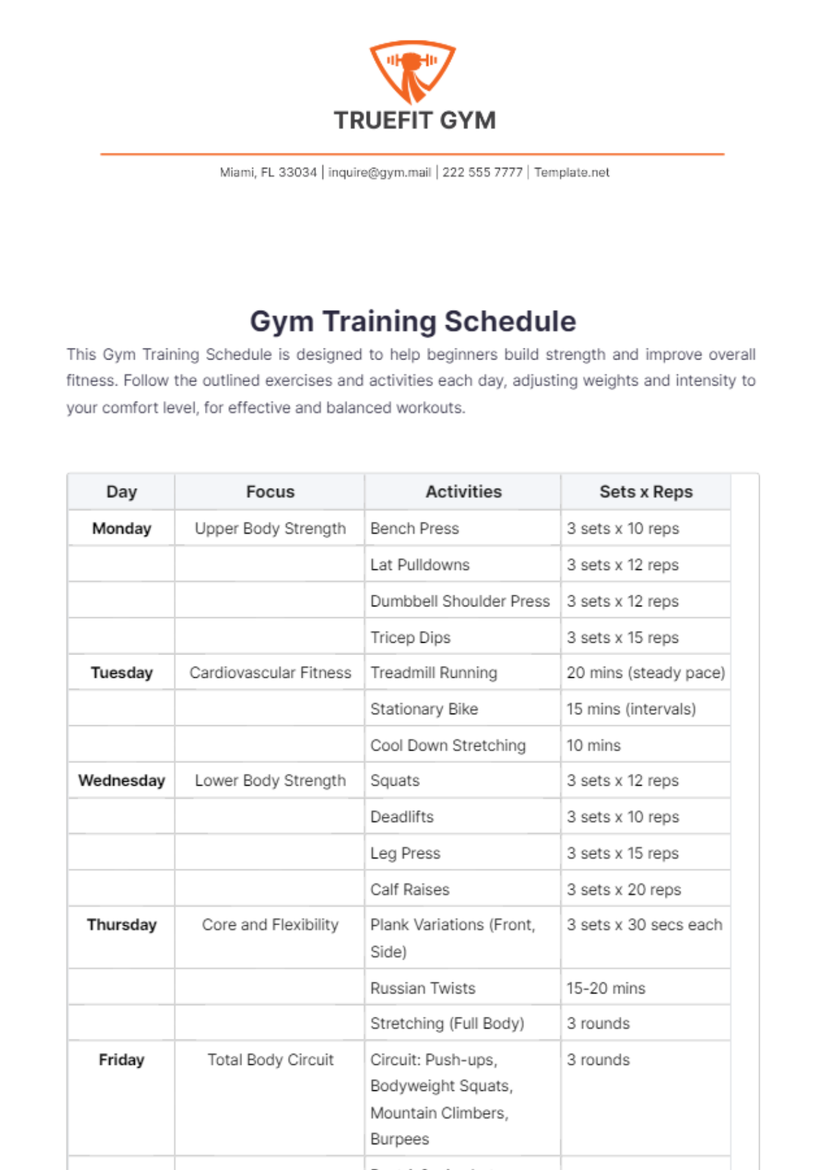 Gym Training Schedule Template - Edit Online & Download