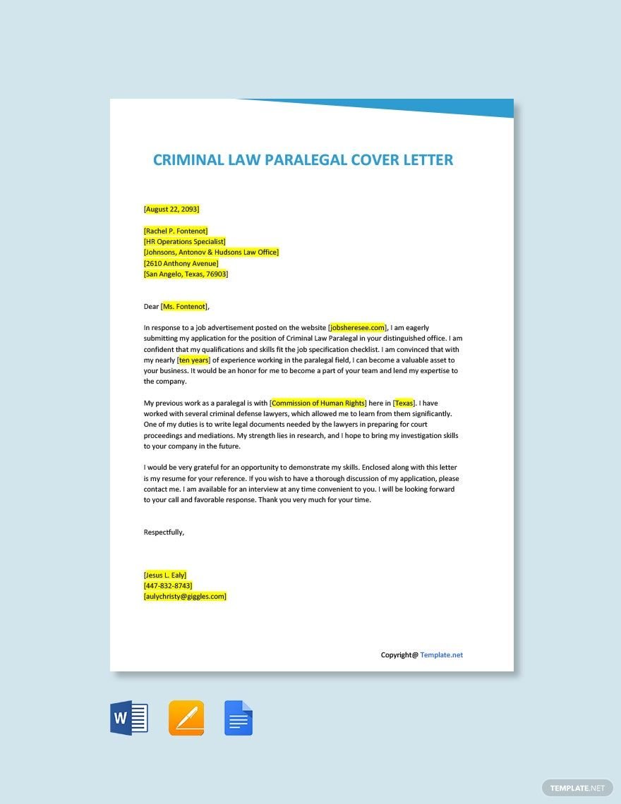 Criminal Law Paralegal Cover Letter in Word, Google Docs, PDF, Apple Pages