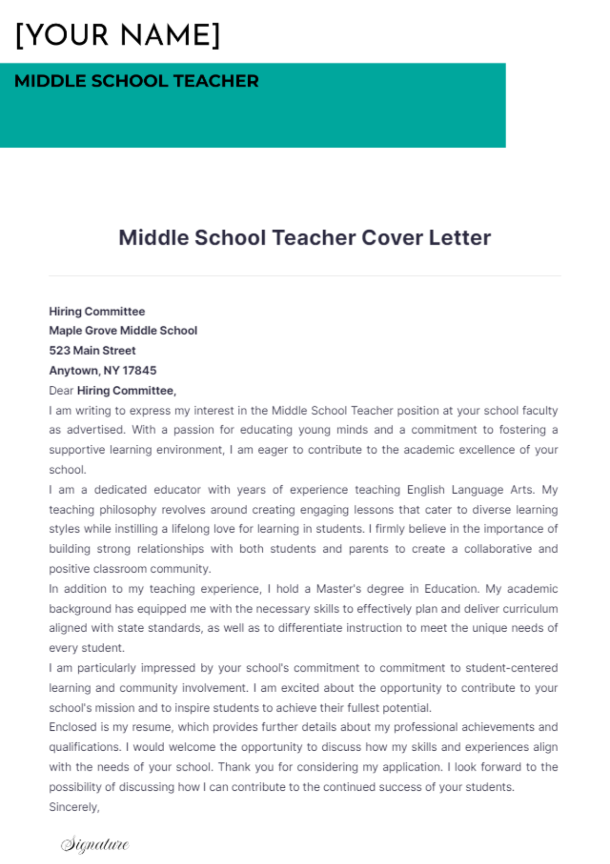 Middle School Teacher Cover Letter - Edit Online & Download