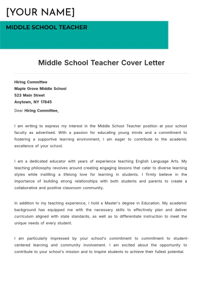 Free Middle School Teacher Cover Letter to Edit Online